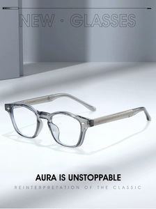 Detail of grey transparent TR90 glasses frame with textured metal core and diamond rivets
