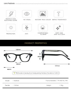 Detailed size chart for retro TR90 eyeglasses frame showing dimensions and weight