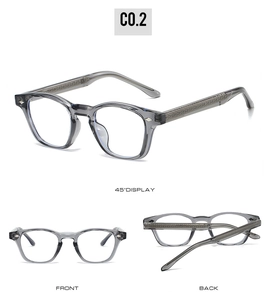 Detailed multi-angle views of transparent grey TR90 frames with embossed metal core temples