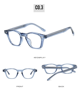 Detailed views of transparent blue TR90 glasses frame with engraved metal core wire