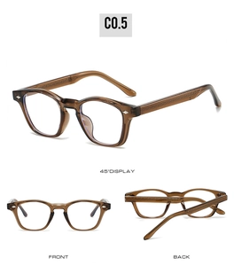 Three-angle view of vintage tea-colored TR90 glasses frames with silver diamond rivets