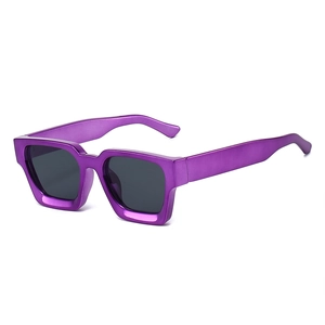 Square purple metallic frame sunglasses with dark grey lenses and UV protection