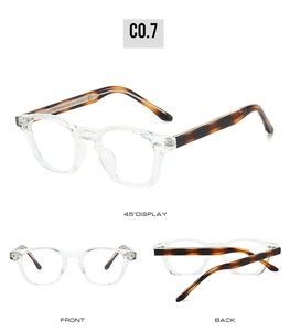 Front and back views of retro TR90 eyeglasses with tortoise temples and clear frames