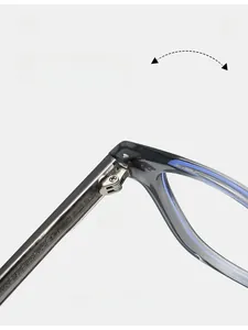 Macro shot of durable metal hinge on retro translucent grey TR90 eyeglasses frames