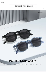 Close-up of TR90 sunglasses in black and translucent blue on minimal display stands