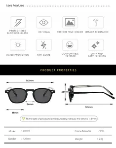 Detailed sizing guide for vintage TR90 sunglasses with UV400 frame dimensions