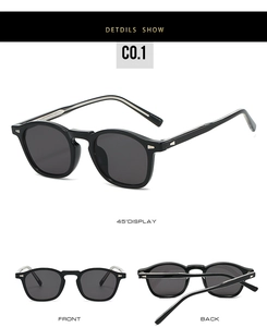 Detailed views of vintage TR90 sunglasses with silver rivets and grey lenses