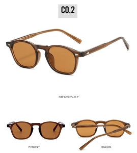 Detailed views of amber retro sunglasses showing 45-degree, front, and back foldable frames