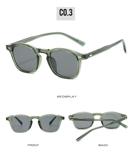 Three-angle view of dark green TR90 sunglasses with gray lenses and metal accents