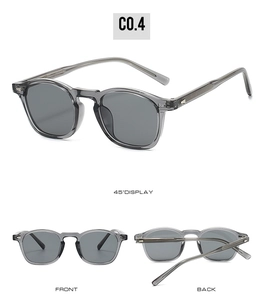 Three-view display of grey translucent TR90 sunglasses with dark lenses and retro frame