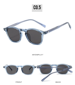 Multi-angle view of light blue TR90 sunglasses showing front, back and 45-degree angles