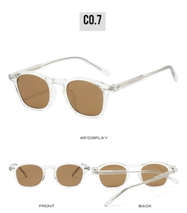 Detailed views of vintage TR90 frame sunglasses with light brown lenses and clear finish