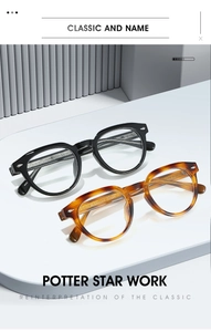 Close-up of retro TR90 round frame glasses with metallic rivets and tortoiseshell texture