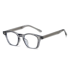 Vintage smoke grey TR90 eyeglasses with engraved metal temples and diamond rivets