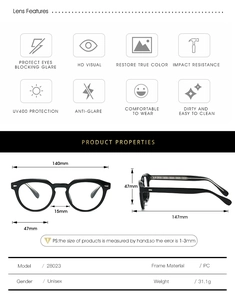Detailed size specifications for round TR90 anti-blue light glasses with 140mm frame width