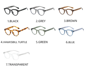 Detailed catalog showing seven color options for round TR90 anti-blue light glasses