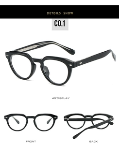 Detailed views of round TR90 black frames with silver arrow rivets and anti-blue light lenses