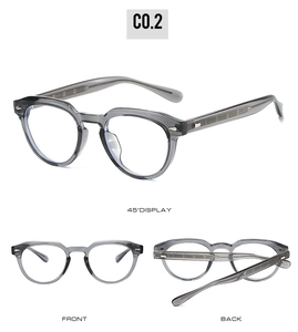 Detailed multi-angle views of transparent grey TR90 round frames with metal hinges