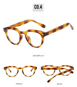Detailed views of round TR90 tortoiseshell eyeglass frames showing front and side angles