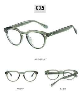 Three-view display of olive green TR90 round frame blue light glasses in C0.5 finish