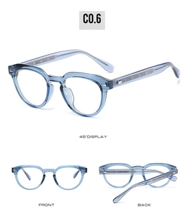 Three-view display of blue transparent TR90 round glasses frames with metal accents