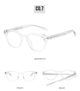 Front and 45 degree views of transparent Boston style round optical glasses frames