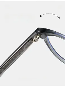 Detail of durable metal hinge on transparent grey TR90 frames with precision screws
