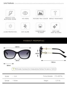 Detailed size specifications for UV400 sunglasses with purple gradient lenses