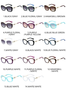 Grid display of 14 colorful sunglasses featuring tortoiseshell and gradient lens options