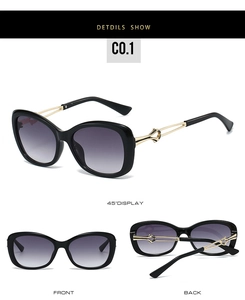 Detailed views of butterfly sunglasses with black frame, purple gradient lens and gold arms