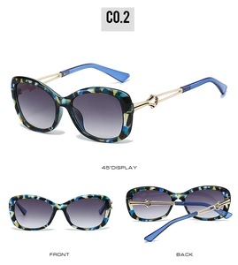 Detailed views of cat-eye sunglasses with blue tortoiseshell frames and gradient lenses
