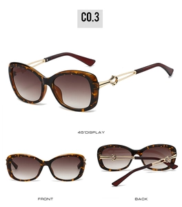 Three-way view of tortoiseshell sunglasses with metal accents and gradient lenses