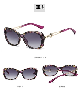 Detailed view of women's sunglasses with purple tortoise frames and gold hollow metal temples
