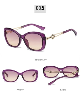 Detailed views of purple gradient sunglasses with gold metal hinges and large frames