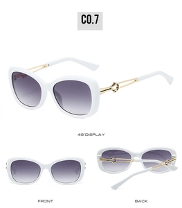 Three-view layout of white oversized sunglasses with purple gradient lenses and gold temples