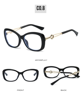 Detailed views of cat eye sunglasses showing front, back, and gold twisted hinge metal temples