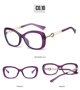 Detail view of purple translucent sunglasses with gold hollow metal temples in three angles