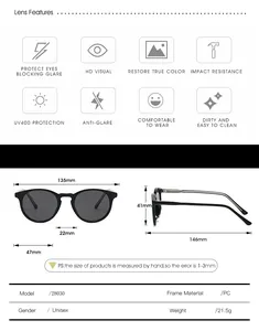 Detailed technical specification and size chart for TR90 UV400 fashion sunglasses