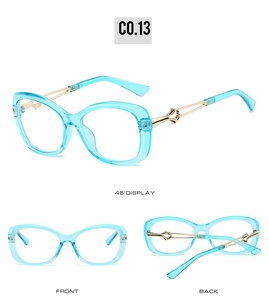 Detailed multi-angle views of blue cat-eye glasses frame with golden metal temples