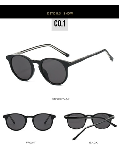 Three-angle view of black TR90 round sunglasses with silver temple accents and dark lenses