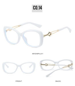 Three views of white cat-eye sunglasses with gold metal hollow-out temple details