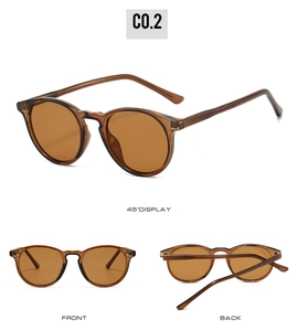 Detailed views of amber TR90 round sunglasses featuring front, back and 45-degree angles
