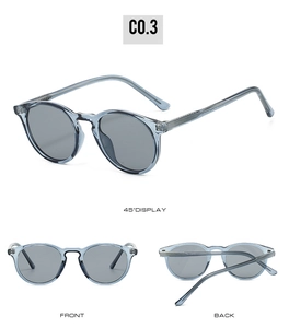 Multi-angle views of TR90 round sunglasses featuring transparent blue frames and grey lenses