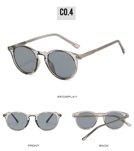 Three-view display of translucent grey TR90 round sunglasses with polarized lenses