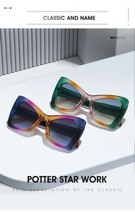 Macro view of gradient geometric cat-eye sunglasses with detailed frame specs