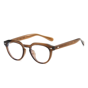 Vintage round TR90 glasses frame in transparent brown with anti-blue light lenses