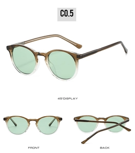 Detailed views of TR90 gradient brown round sunglasses with light green lenses