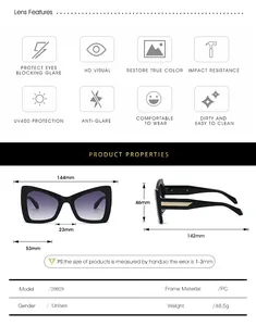 Detailed size chart for stylish cat eye sunglasses with UV400 lens specifications