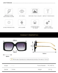 Detailed size chart of square sunglasses with purple gradient lenses and gold temples