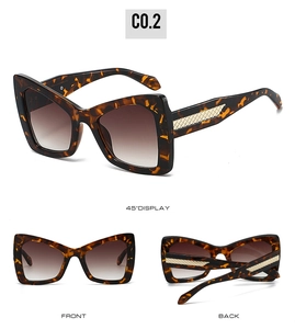 Three views of tortoiseshell cat-eye sunglasses with golden lattice pattern on temples